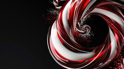 Stylish Christmas card with an abstract design of swirling red and white peppermint candy, on a sharp black background.
