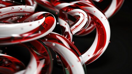 Stylish Christmas card with an abstract design of swirling red and white peppermint candy, on a sharp black background.