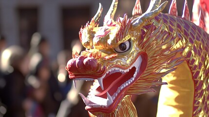 A vibrant golden and red dragon head parades