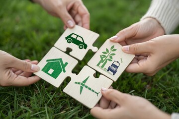 hands holding house, Green logistic or Sustainable transport. logistics or travel by Ship, car, airplane, truck, with clean energy and Eco friendly process to Net zero carbon emission