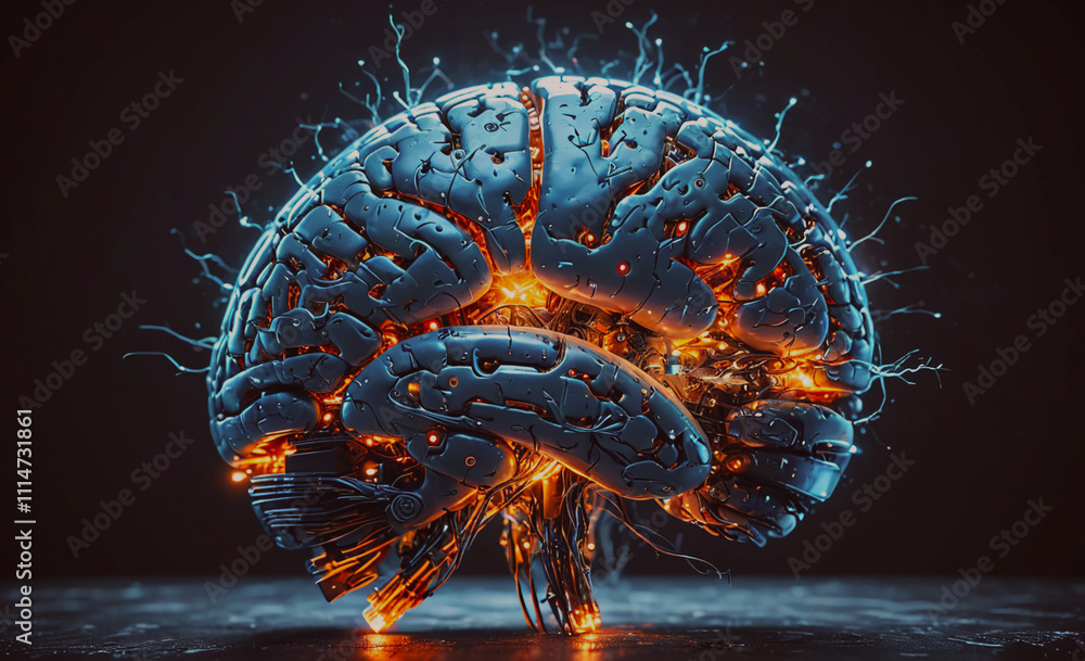 Poster Brain with wires and lights on it. The brain is on a table