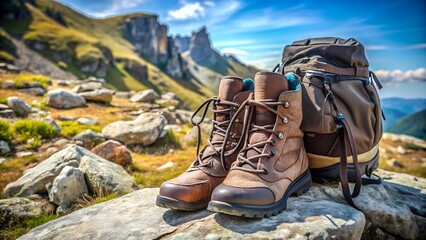 Hiking Boots and Backpack Resting on Rocky Surface