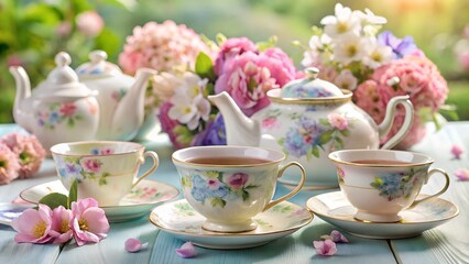 Delicate Porcelain Tea Set Surrounded by Pastel Flowers