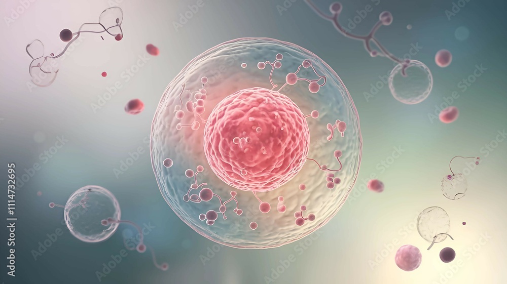 Poster a single biological cell surrounded by smaller particles in a colorful microscopic environment, perf