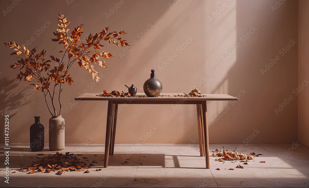 Poster table with a vase and a vase of leaves on it. the table is in a room with a tan wall