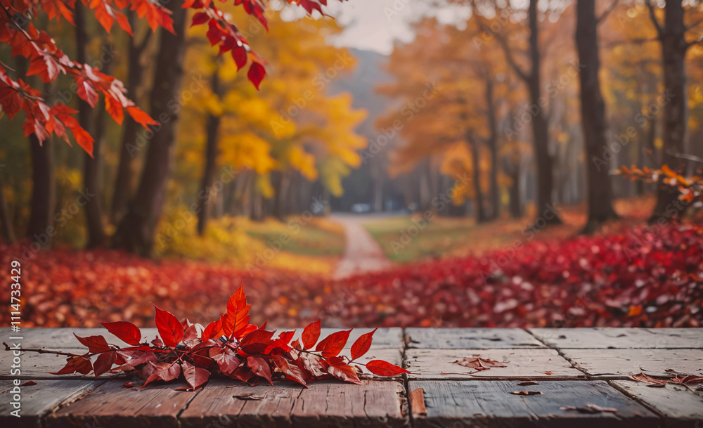 Aufkleber table with a pile of red leaves on it. the leaves are scattered all over the table