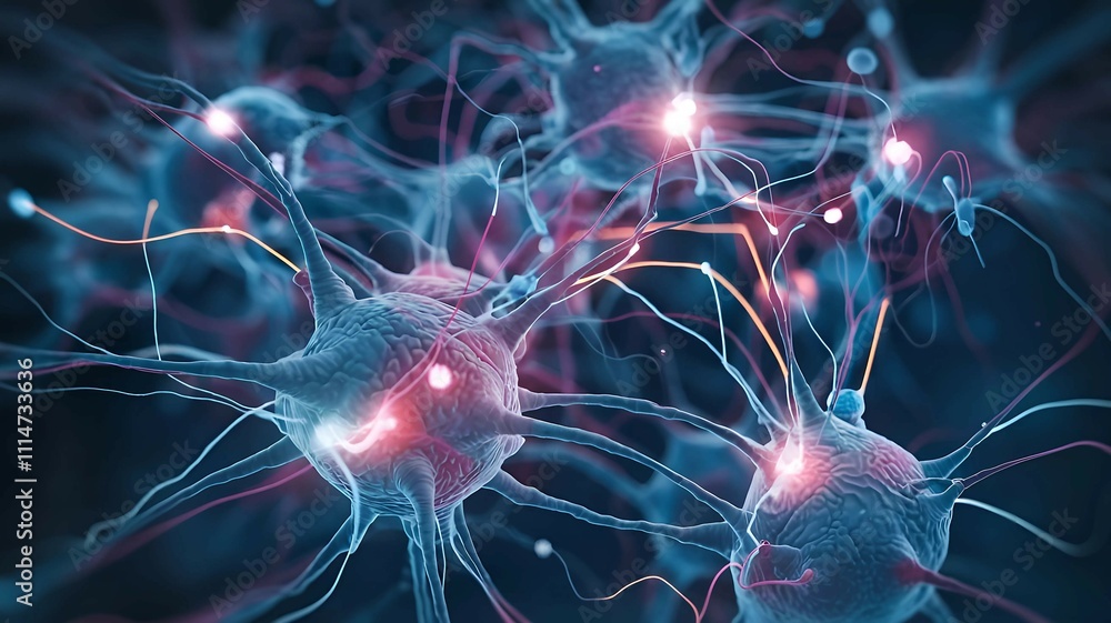 Poster neural network illustration with glowing connections symbolizing artificial intelligence, data proce