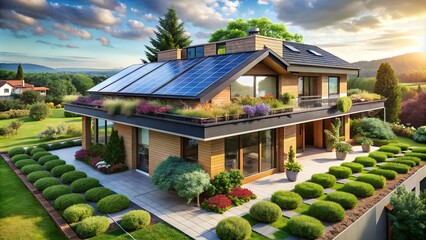 Eco-Friendly Home Design with Solar Panels, Green Roof, and Garden