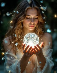 Naklejka premium Beautiful young woman with magic crystal ball in her hands. Fairy tale
