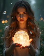 Naklejka premium Beautiful woman holding magic crystal ball in hands. Fairy tale.
