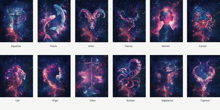 12 zodiac signs: pink, violet & blue art over night sky; Aquarius, Pisces, Aries, Taurus, Gemini, Cancer, Leo, Virgo, Libra, Scorpio, Sagittarius, Capricor; 2026 horoscope background with EN labels