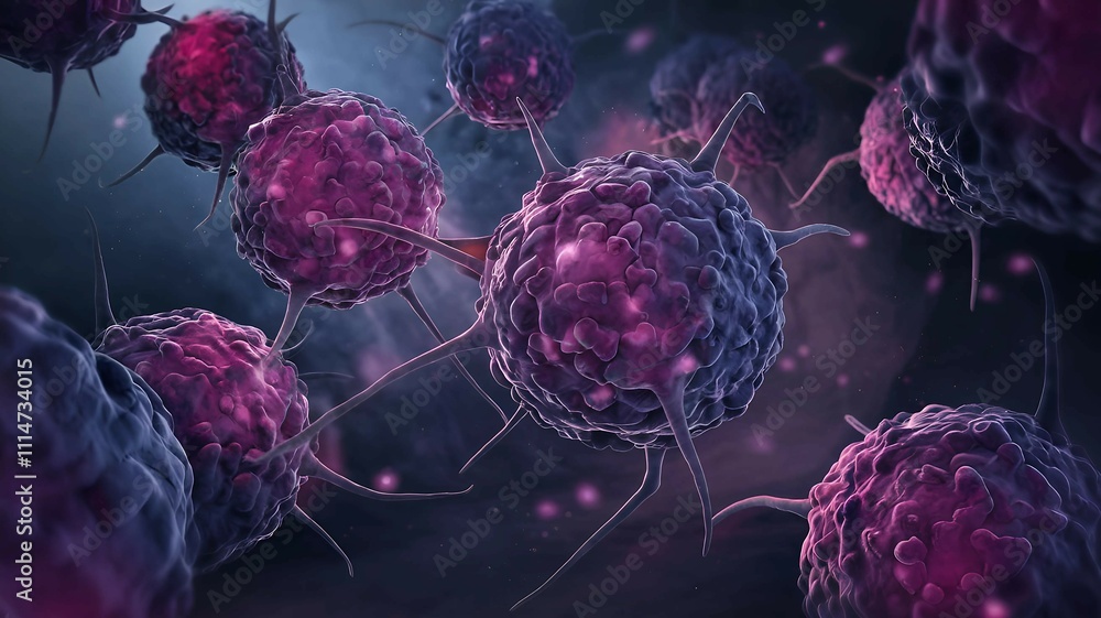 Poster close-up of red cancer cells in a dark environment showcasing the complexity of disease and microsco