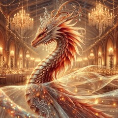 Fototapeta premium A graceful dragon with scales shimmering in firely red & golden, wearing a delicate crown and a flowing, translucent cape. An elegant ballroom decorated with candles and chandeliers for a celebration.