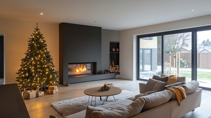 Fototapeta premium Modern living room with a minimalist Christmas tr