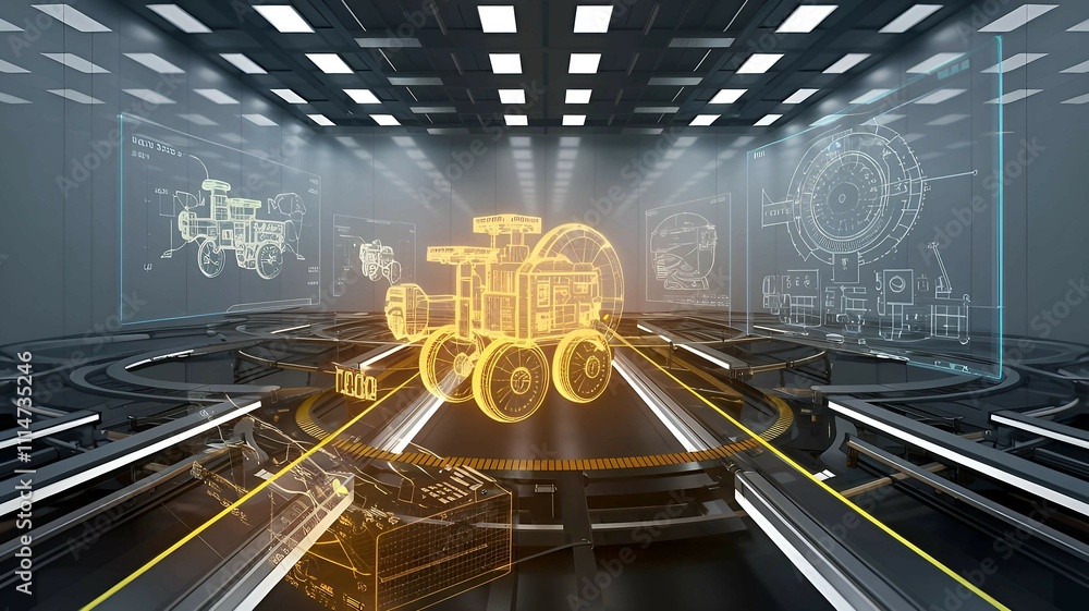 Poster automated factory interior with glowing icons symbolizing advanced manufacturing technology and robo
