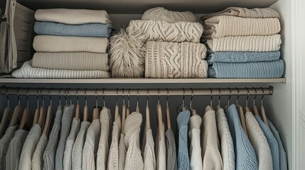 Neatly arranged clothes in a well-organized wardrobe featuring shades neutral colors