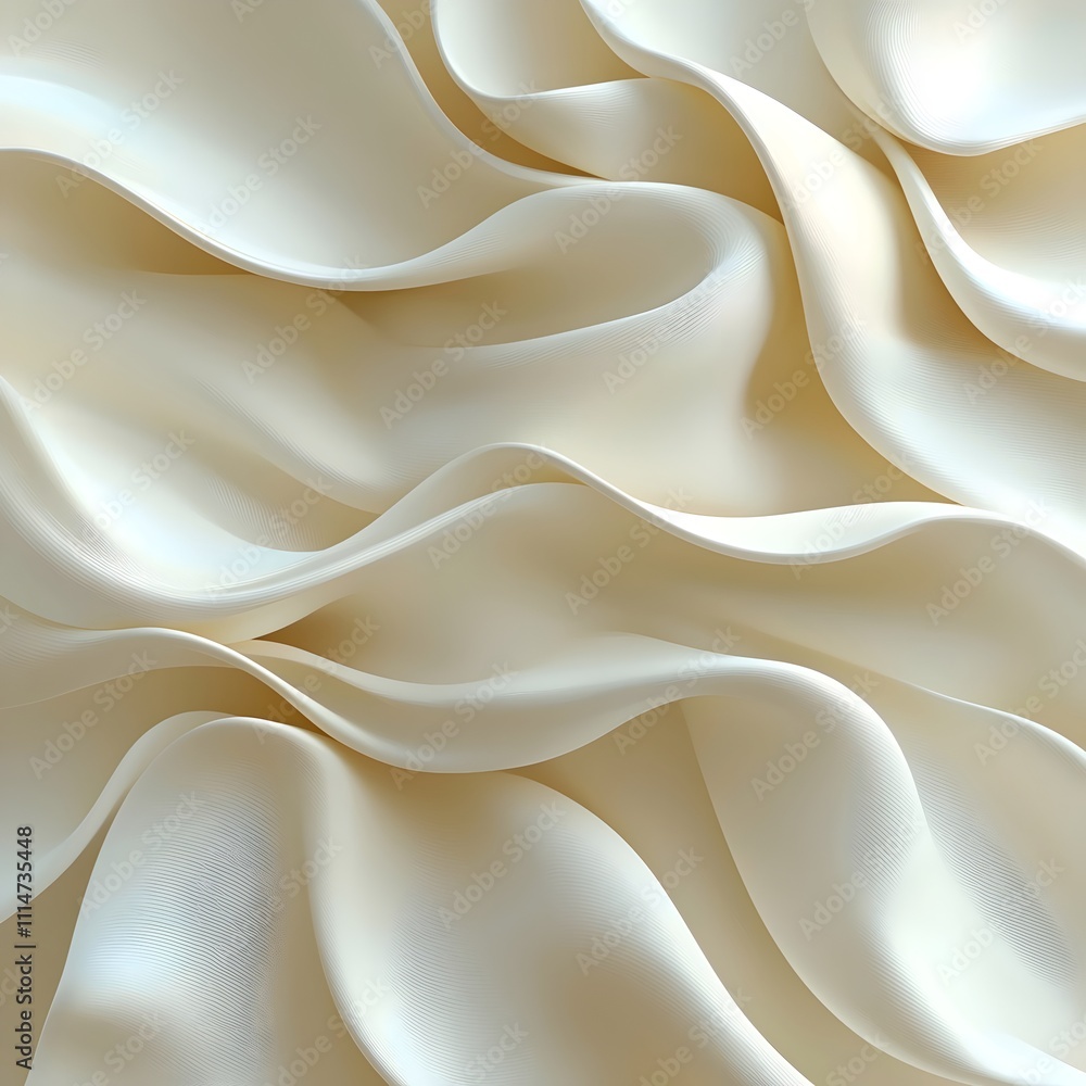 Poster close-up of luxurious cream silk fabric draping elegantly with soft, flowing waves, creating a seren