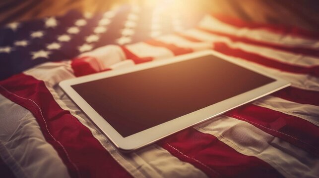 Tablet on American Flag with Sunflare