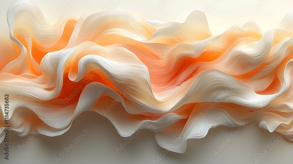 Poster an abstract composition of flowing waves in soft shades of orange and creamy white, creating a seren