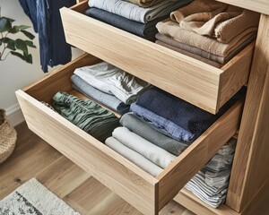 Open drawers with neatly folded clothes indoors, showcasing vertical storage for minimalist organization