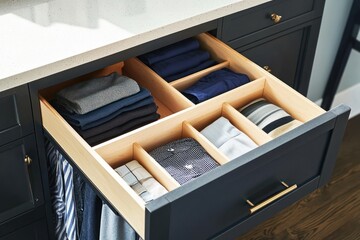 Open drawer filled with neatly folded clothes, emphasizing vertical storage