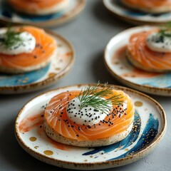 a sumptuous serving of the most delicious and delicate smoked salmon canapés with cream cheese,...