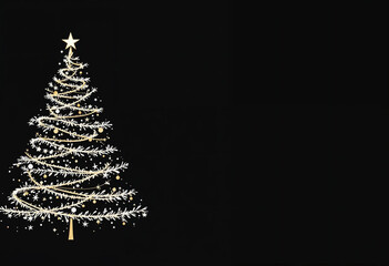 A minimalist white and gold Christmas tree design on a clean black background, with copy space for text