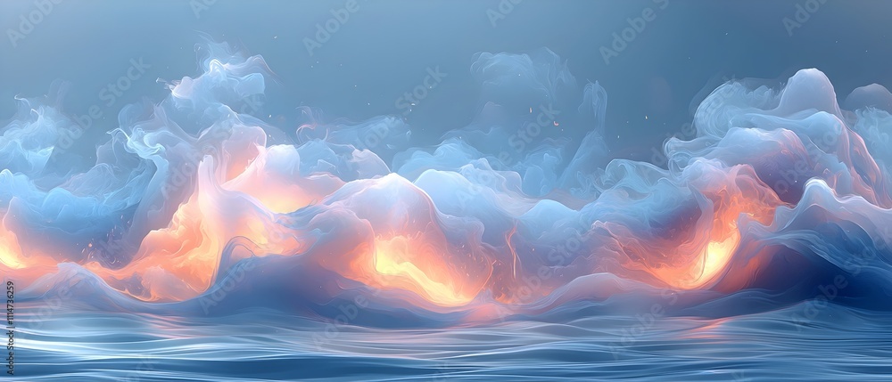 Poster a breathtaking scene of ethereal waves rolling gently with hints of glow, capturing the magic of twi