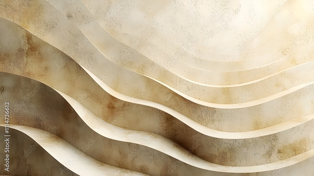 Poster a fluid abstract texture features soft, wavy layers in warm beige and tan tones, creating a serene a