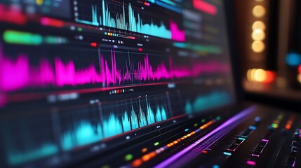 Obraz premium Close-up of laptop screen displaying colorful audio waveforms and digital data.
