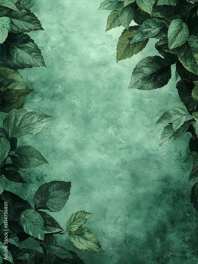 Poster lush green leaves frame a textured background, creating a serene and natural atmosphere perfect for 