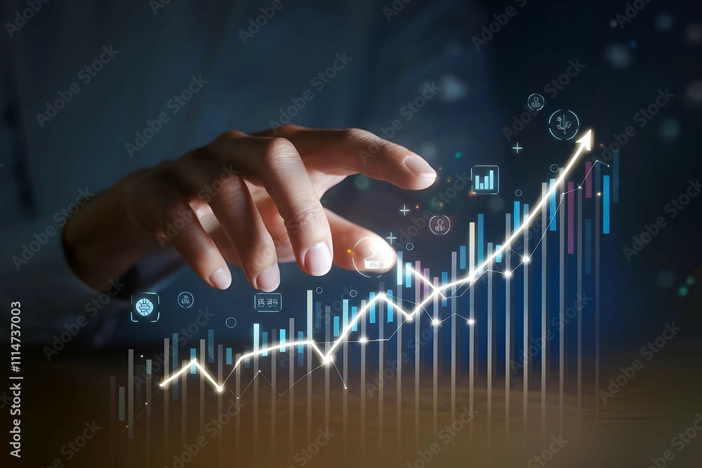 Aufkleber hand interacting with a futuristic financial graph showing data analytics, growing charts and digita