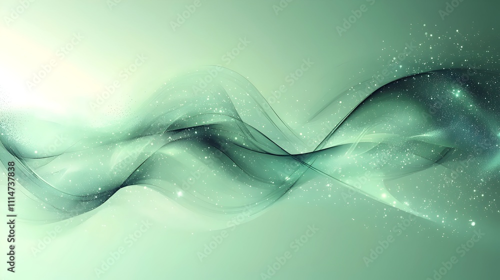 Poster a serene abstract design featuring flowing green waves with sparkling accents, creating a tranquil a