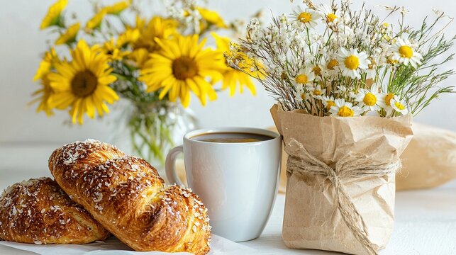   A few croissants lie on a table beside a cup of joe and a bouquet of flowers
