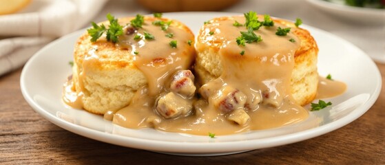 Delicious Biscuits with Country Sausage Gravy Topped with Fresh Parsley