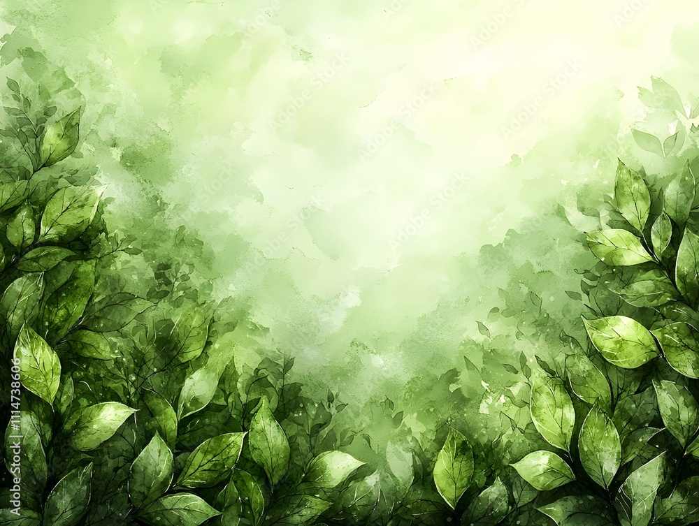 Poster a vibrant and lush green background featuring an array of leaves that create a serene and tranquil a