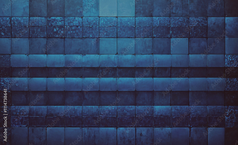 Poster the wall is made of blue and white tiles, and it is very long. the tiles are arranged in a pattern, 