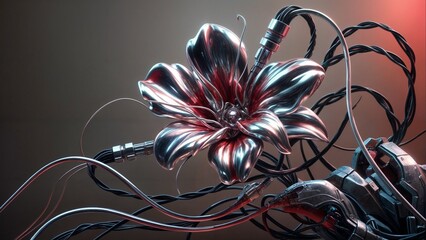 Obraz premium futuristic metallic bloom featuring intricate cybernetic mechanisms for innovation themes