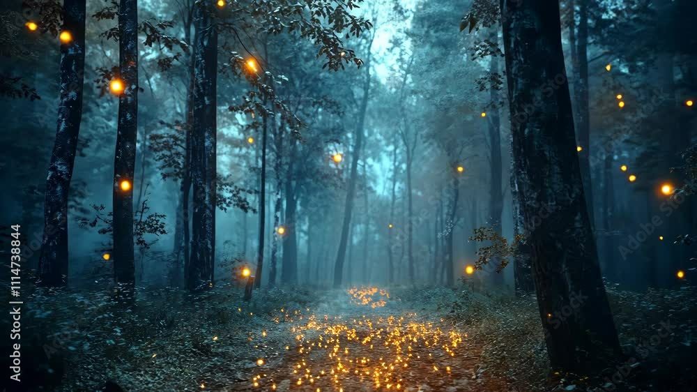 Poster bright fireflies illuminate a serene forest path during twilight in a mystical and enchanting atmosp