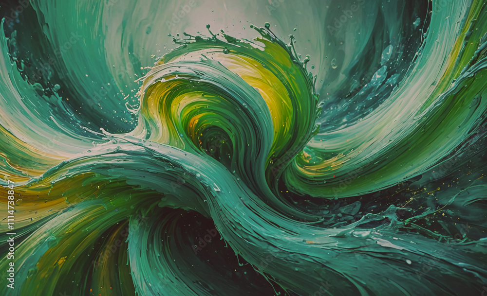 Fototapete vibrant green and yellow wave pattern is swirling in the water. the colors are bold and eye-catching