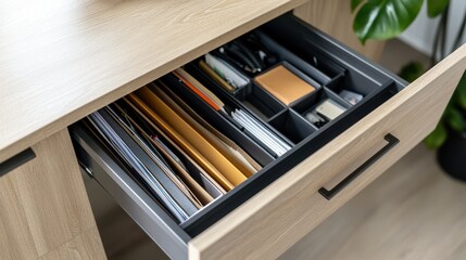A neatly organized office drawer holds files and stationery, showcasing meticulous order and efficient workspace management.