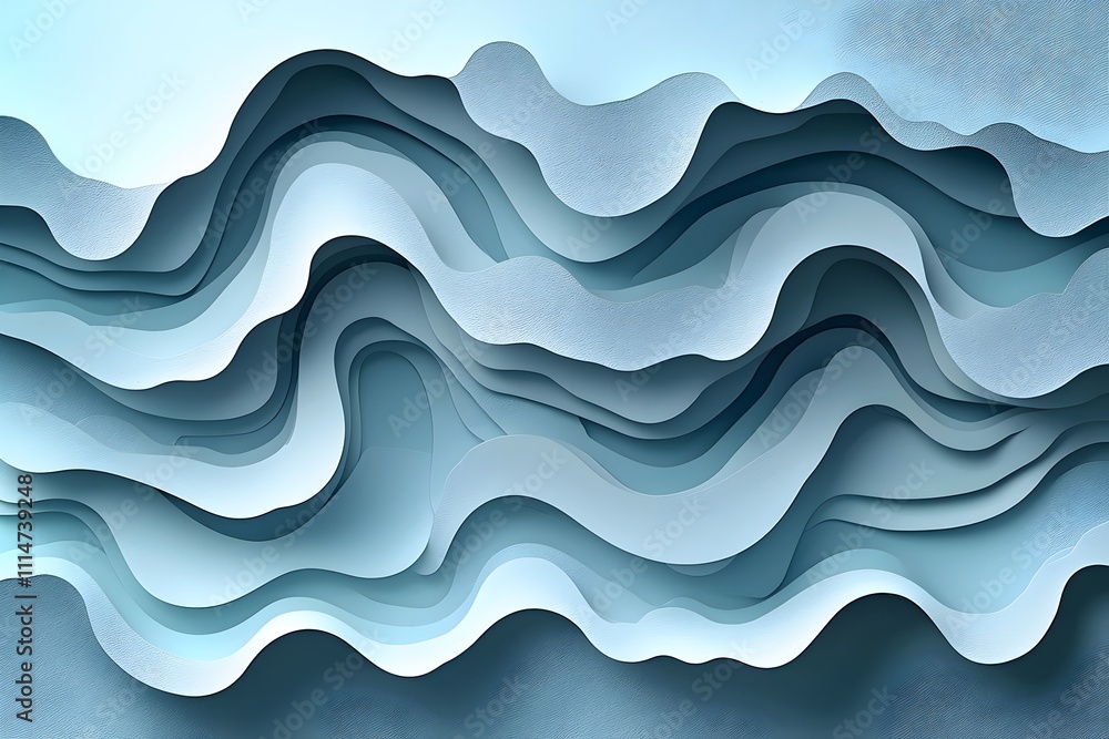 Poster an abstract composition showcasing layered waves in varying shades of blue, creating a serene and tr