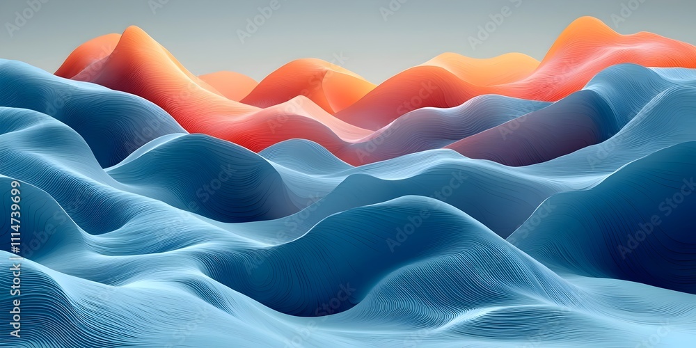 Poster an abstract landscape of wavy mountains in shades of blue and orange, creating a serene and tranquil