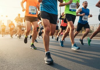 A group of runners competing in a marathon, focused and determined, racing along the road with spectators cheering in the background.

