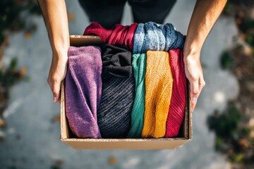 Volunteer hands holding a box filled with donated clothes different colors