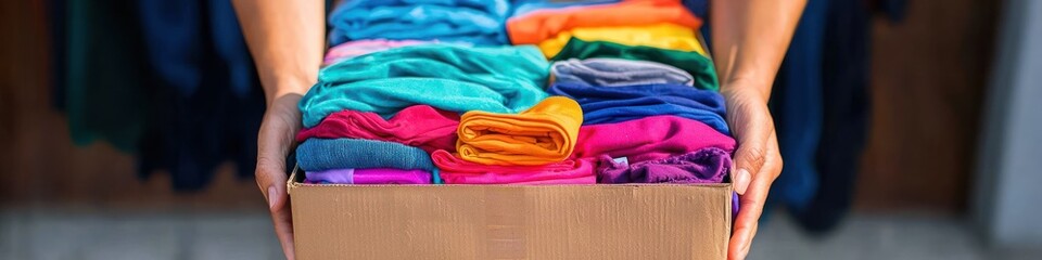 Volunteer hands holding a donation box filled with colorful clothing items