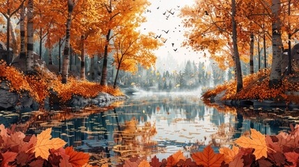 Obraz premium Stunning autumn landscape with a serene lake surrounded by a vibrant forest filled with colorful foliage reflecting on the calm waters