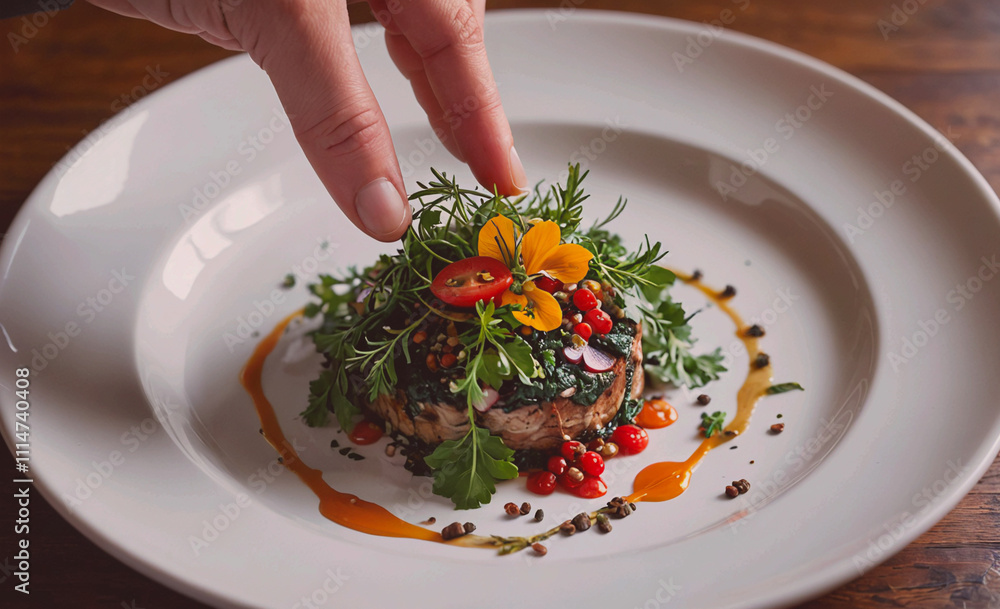 Poster plate of food with a hand on it. the plate is white and has a garnish of parsley