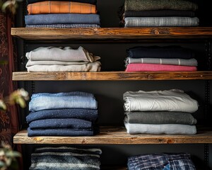Well-organized wardrobe with neatly folded clothes on rustic wooden shelves
