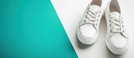 White leather shoes with laces on a modern teal and white background